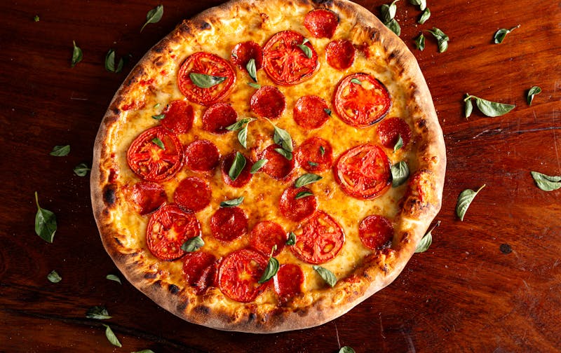 Pepperoni pizza with classic tomato sauce and mozzarella